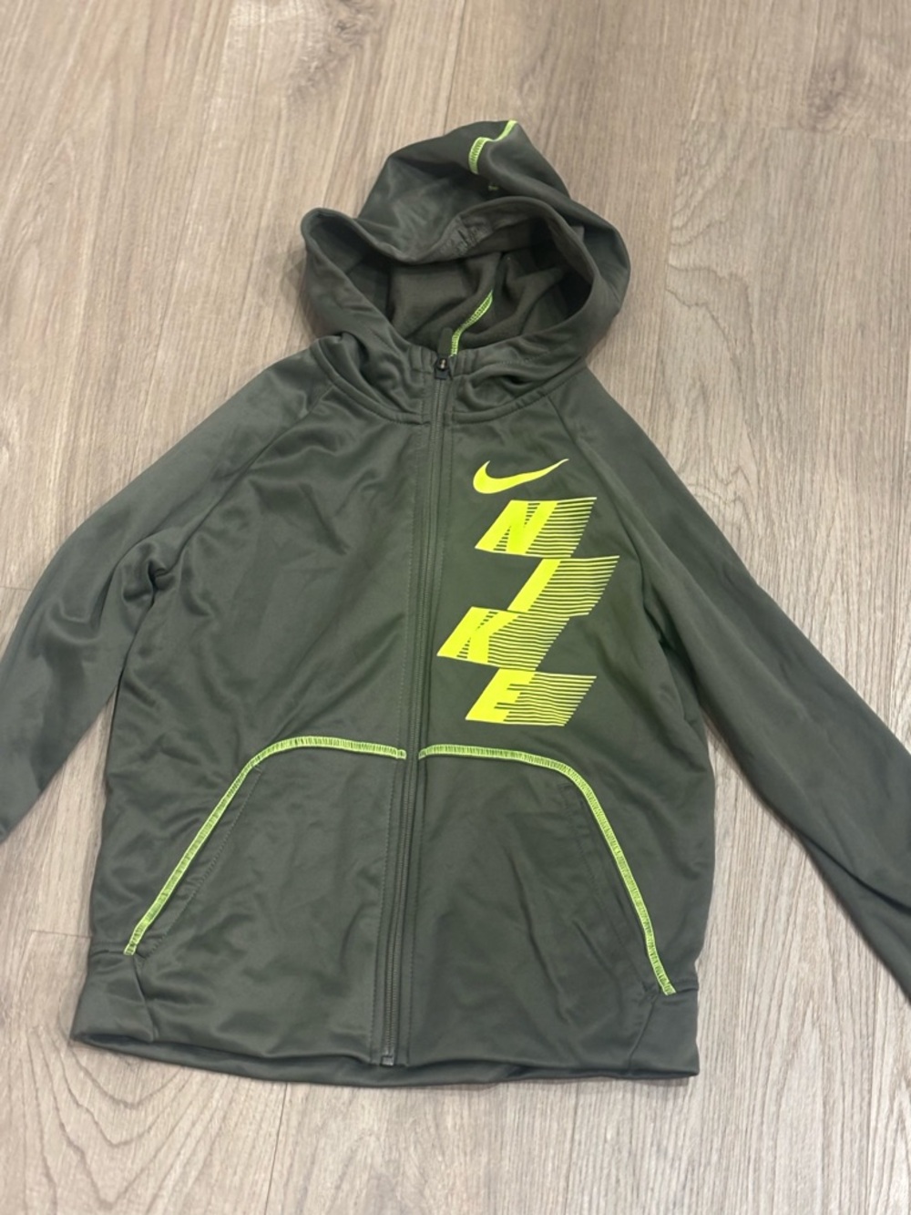 Nike Olive Green Hoodie with Neon Yellow Accents Boys Size Medium